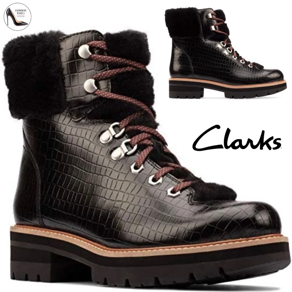Clarks ORIANNA HIKER Black Leather Lace Up Hiking Winter Boots Ankle Booties 7.5